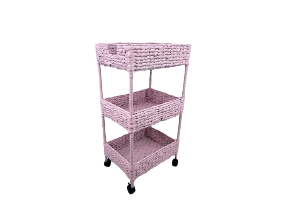 Handcrafted Pink Water Hyacinth 3-Tier Rolling Nursery Caddy